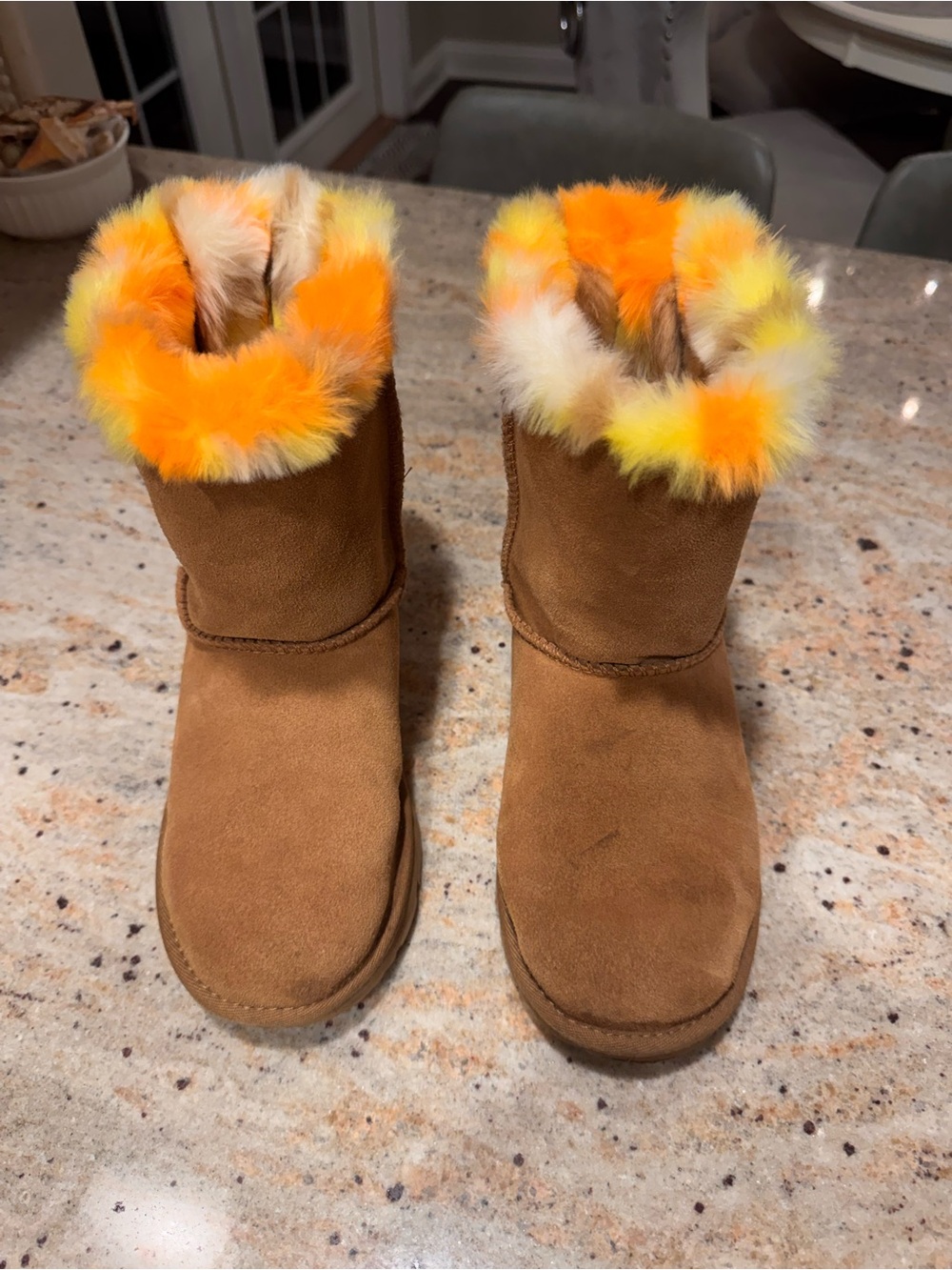UGG size 4  Suede Winter Boots with Orange & Yellow Faux Fur Trim